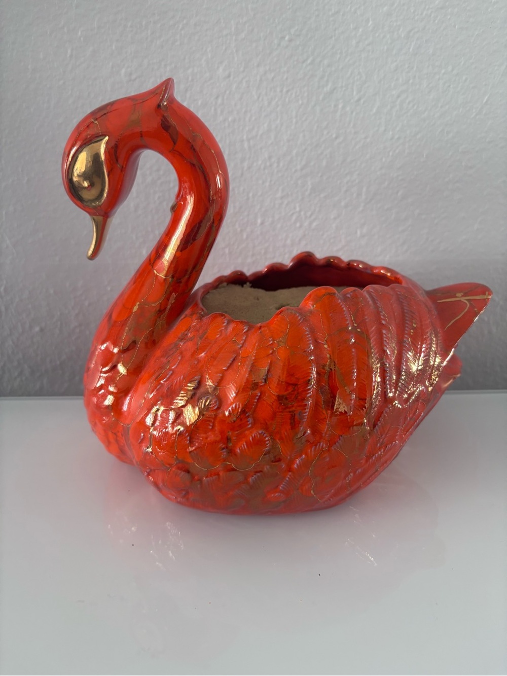 Vintage Orange With Gold Gilded Swan Planter Ceramic Mid Century